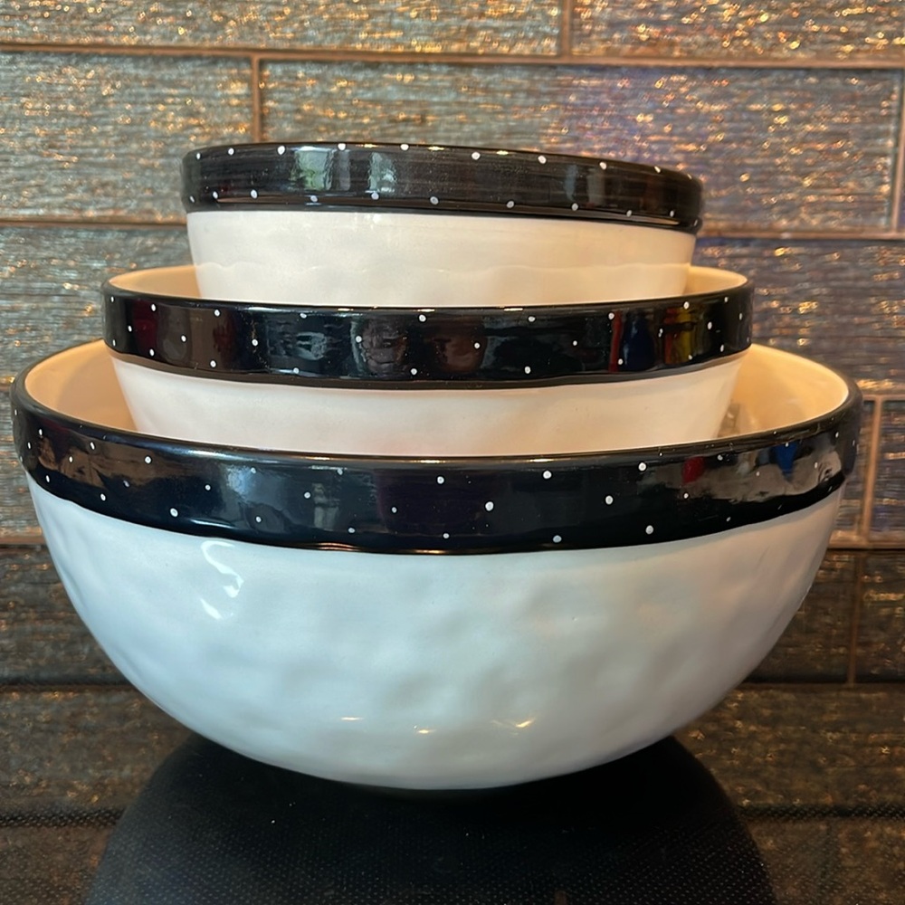 Rae Dunn 3 Nesting Mixing Bowl Set Black White Polka Dots Dimples Mix Dash Pinch - Picture 3 of 14
